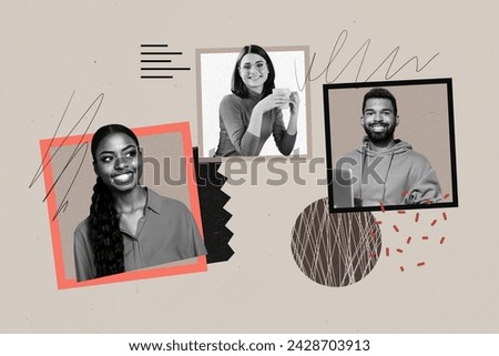 Creative collage picture young carefree colleagues employees photo portraits frames cheerful positive mood drawing background