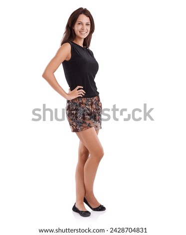 Portrait, fashion and happy with trendy woman in studio isolated on white background for style. Model, clothes and smile with young natural person looking confident in clothing or shorts outfit