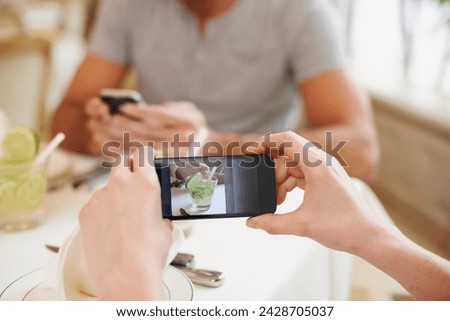 Cafe, picture and couple with cellphone, screen and connection with Valentines day and photograph. Date, man and woman with smartphone and digital app for memory and romance with restaurant or luxury