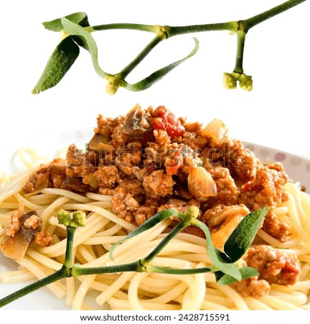 Spaghetti and Green mistletoe branch