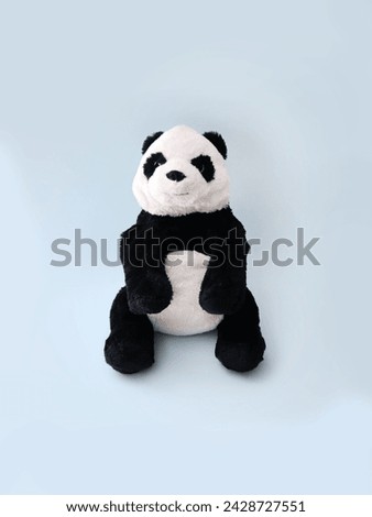 Soft stuffed panda toy on blue background