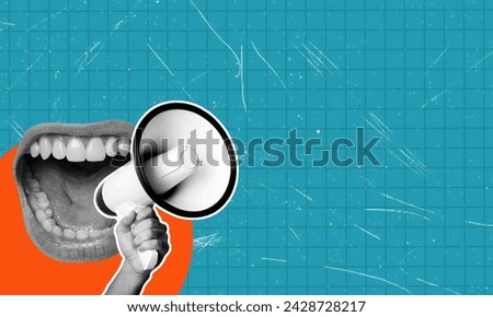 A human hand with a megaphone and a female open mouth on a blue background. Modern design, modern art collage. Inspiration, idea, trendy urban magazine style. Negative space for advertising. Royalty-Free Stock Photo #2428728217