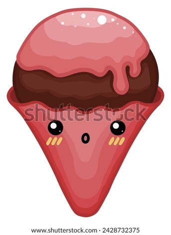 A cute illustration of a large round scoop of chocolate ice cream on a red waffle cone and red strawberry syrup flowing on top.