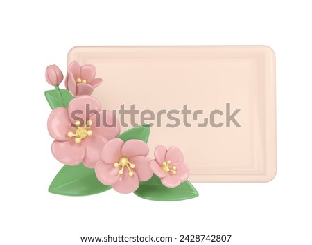 3d pastel pink corner cherry flowers with rectangle frame, botanical spring arrangement, floral clip art, bouquet element decor illustration. 3D Illustration