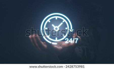 Worldwide nonstop and full-time service support, Nonstop service 24 hr online store concept. Businessman hand holding virtual clock 24-7 online shop store, Connection contact available 247. Royalty-Free Stock Photo #2428753981
