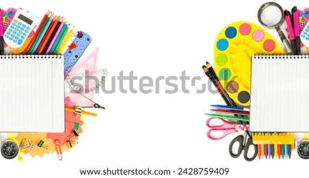 Set of stationery and school supplies isolated on a white background. There is free space for text. Collage. Wide photo.