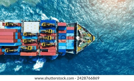 Excavator Backhor on Cargo Container ship running to customs international cargo port. ship carrying container and running for import export concept technology freight shipping by ship