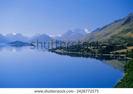 Looking towards the northern tip of lake wakatipu at glenorchy and mt. earnslaw, 2819m, beyond, western otago, south island, new zealand, pacific
