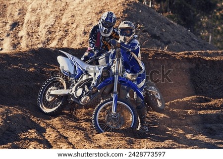 People, motorbike and outdoor by rocks on dirt path with adventure, transportation and extreme sports. Racer, rider and motorcycle with helmet for safety with portrait, course and gravel in nature