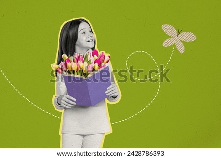 Collage picture sketch of adorable lovely cute girl reading interesting story looking flying insect isolated on painted background