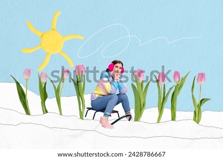 Collage picture image of adorable lovely charming girl sitting sledge snowy sunny weather isolated on drawing background