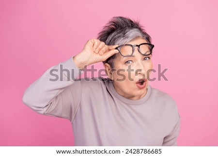 Photo of shocked impressed woman hold glasses string unexpected unbelievable offer reaction isolated on pink color background Royalty-Free Stock Photo #2428786685