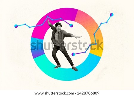 Artwork magazine collage picture of happy smiling guy showing colorful presentation isolated drawing background