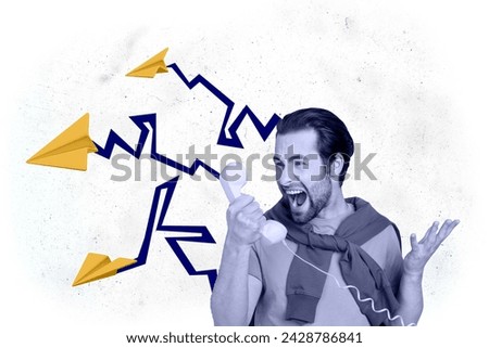 Creative image collage of irritated funny young man screaming at telephone when call centers spam him isolated on white color background