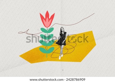 Collage picture of peaceful positive black white colors mini girl big drawing tulip flower isolated on paper background