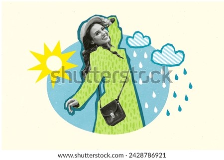 Artwork collage picture of happy smiling lady walking rainy spring weather isolated beige color background