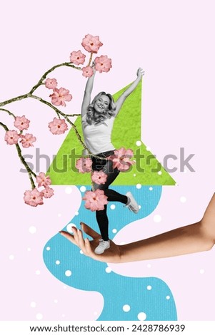 Vertical collage of big arm palm hold mini excited black white effect girl dancing tree branch flowers isolated on pink background