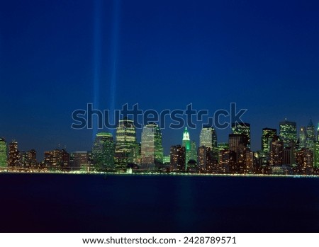 Lower manhattan skyline and world trade center memorial lights, new york city, united states of america, north america