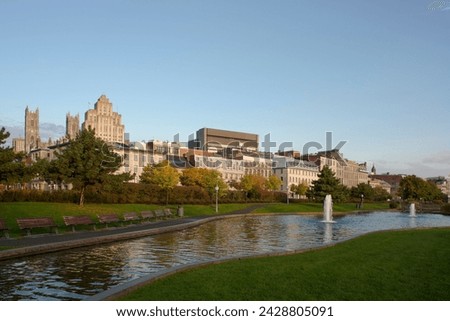 An early morning view of the montreal skyline from the parc des ecluses, montreal, quebec province, canada, north america