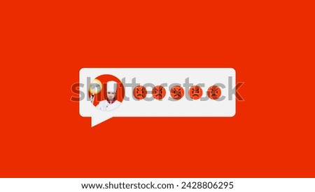 An angry female cook sending multiple mad emojis, symbolizing negative feedback and anger on social media. Royalty-Free Stock Photo #2428806295