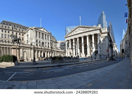 Bank of england and the royal exchange, city of london, london, england, united kingdom, europe