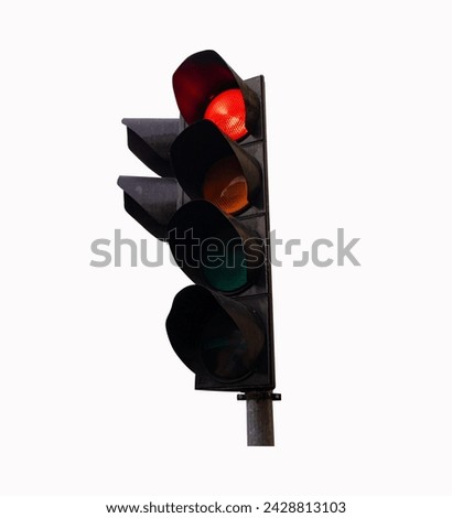 Traffic light show red light is display isolated on white background. Traffic lights red, yellow, green help organize traffic. Signal device various road intersections.