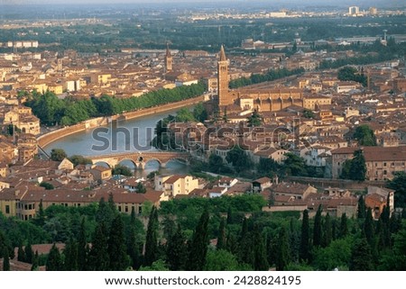 Low aerial view over the town of verona and the river adige, verona, veneto, italy, europe