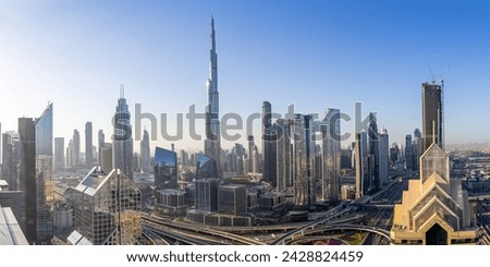 Dubai Burj Khalifa skyline tallest building in the world panorama top view downtown architecture Royalty-Free Stock Photo #2428824459