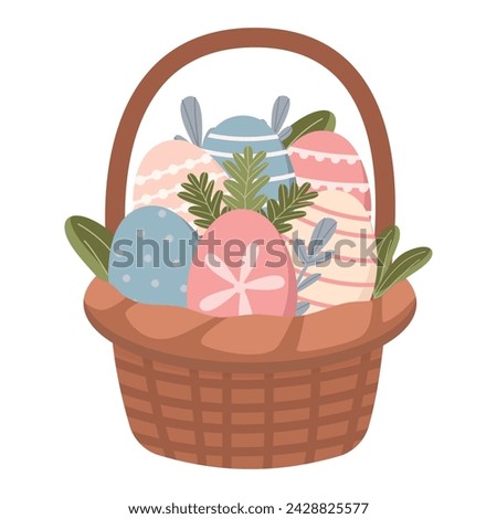 Easter eggs basket isolated on white background. Easter element. Vector illustration. Flat cute style.