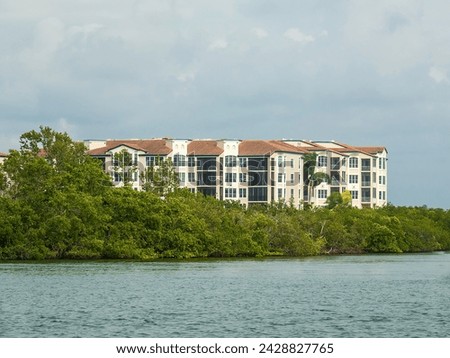 Stretch of mangrove trees between multistory condominiums or apartment buildings and the Intracoastal Waterway on an overcast afternoon in southwest Florida, for residential and environmental motifs Royalty-Free Stock Photo #2428827765