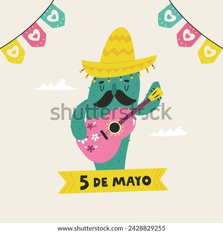 Holiday design for Cinco de Mayo with funny cactus in sombrero playing the guitar.