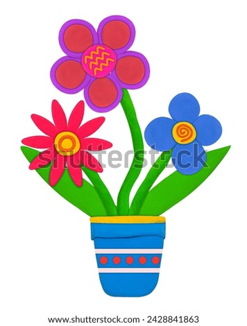 colorful flower made from plasticine in flower pot on white isolated background
