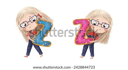 Cute little girl with chocolate donut- letter Z. Tasty set on white background. Learn alphabet clip art collection 