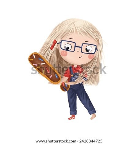 Cute little girl with chocolate donut- exclamation mark on white background. Learn alphabet clip art collection on white background