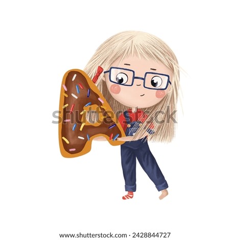 Cute little girl with chocolate donut- letter A on white background. Learn alphabet clip art collection 