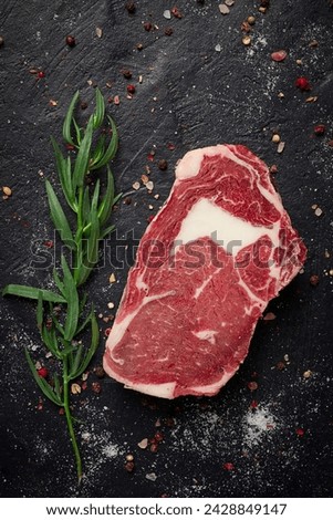 fresh, raw rib eye steak, top view,