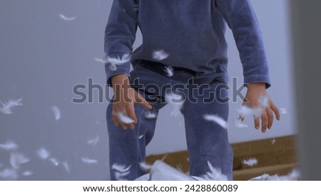 Feathers falling everywhere while little boy picks up unzipped pillow standing in bed wearing pajamas, child covered in plumage fly in air-SD 480p Royalty-Free Stock Photo #2428860089