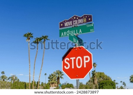 Movie Colony East street sign in residential neighborhood in Palm Springs, California Royalty-Free Stock Photo #2428873897