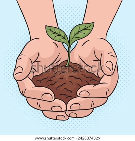plant sprout in hands pinup pop art retro hand drawn vector illustration. Comic book style imitation.