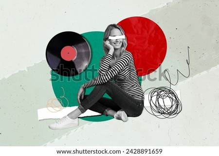 Creative collage young sitting girl cutout eyes sight plate vintage vinyl record happy positive mood relax music listener drawing doodles
