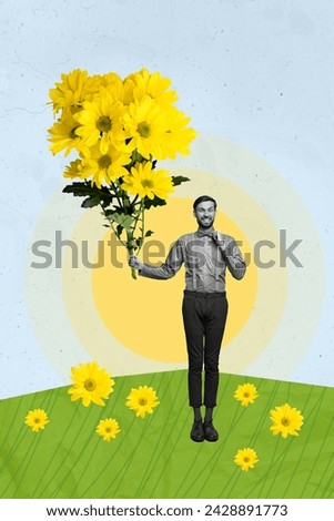 Creative artwork graphics collage painting of funky boyfriends delivering flowers bouquet isolated drawing background