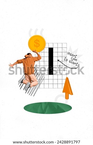 Photo cartoon comics sketch collage picture of excited funky guy insert coin start game isolated white color background