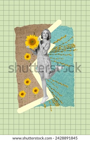 Vertical collage image of black white effect charming girl hold sunflower easter cotton stem decor isolated on green checkered background