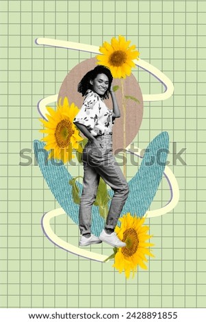 Vertical collage image of mini cheerful black white effect girl big sunflowers isolated on painted green checkered background