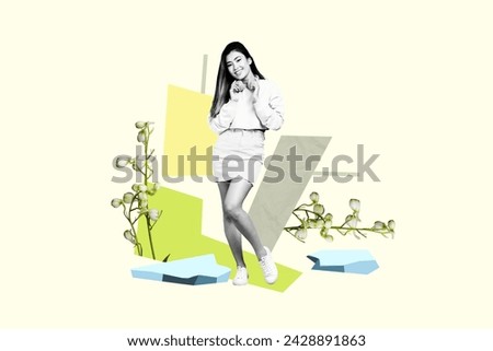 Collage picture of black white colors cheerful girl hang neck earphones melting ice growing fresh flowers isolated on creative background