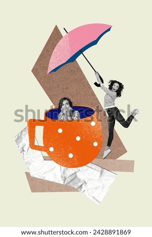 Photo collage artwork minimal picture of happy smiling ladies hiding cup under umbrella isolated graphical background