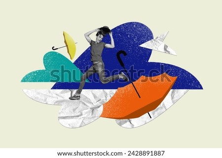 Collage picture of mini black white colors astonished guy hold headwear big umbrella flying paper bird isolated on creative background