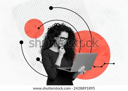 Collage photo illustration artwork of ponder business lady touch chin researching market in netbook isolated over white color background
