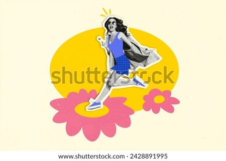 Creative graphics collage image of smiling excited lady running flowers eating lollipop isolated beige color background