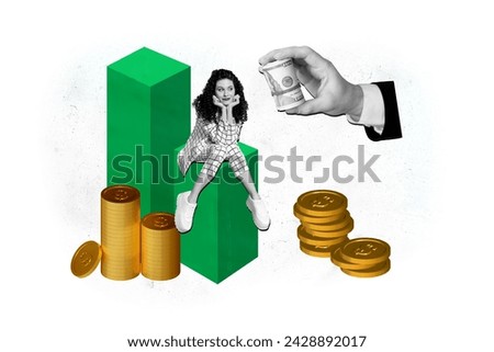Composite graphics collage image of sly smile young girl entrepreneur sit stack coins offer deal bribe roll money dollars cash isolated on white color background